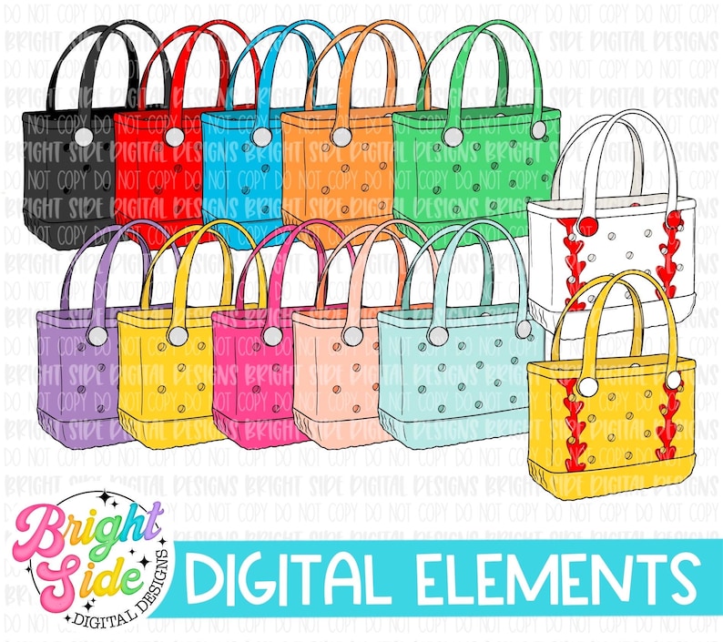 May include: A collection of colorful tote bags in various shades, including black, red, blue, orange, green, purple, yellow, pink, and light blue. Each bag features a handle and decorative elements. The image also includes the text "DIGITAL ELEMENTS".