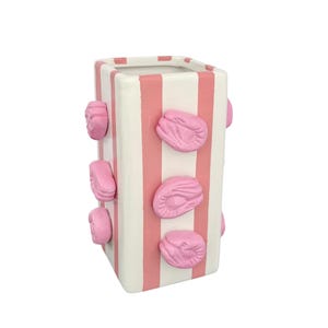 Hand Painted Decorated Ceramic Vase with Salmon Pink Stripes and Embellished with Handcrated Pick ‘n’ Mix Sweetie Foam Shrimps