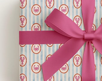 Nautical Lobster & Crab Wrapping Paper Coastal Ocean Theme Gift Wrap Striped Beachy Gift Wrap for Summer, Seafood Lovers, Birthdays
