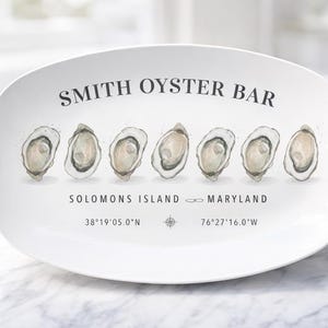Personalized Oyster Bar Serving Platter, Custom Coastal Name Tray with Location & Coordinates, Beach House Hostess Gift