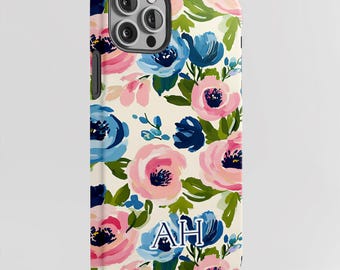 Cover personalizzata per telefono floreale, fiori dipinti rosa e blu, monogramma con iniziali personalizzate, regalo preppy per i nonni