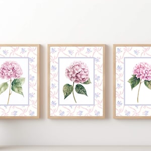 Pink Hydrangea Set of 3 Wall Art Prints – Watercolor Floral Botanical Prints for Dorm Room Decor, Feminine Bedroom, or Cottagecore Gallery