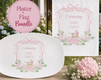 Baby Shower Platter & Garden Flag Bundle | Personalized Baby Shower Decor | Custom Boy or Girl Shower Decorations | Hostess Gift Set