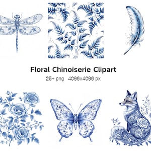 Floral Chinoiserie Clipart, Blue & White Watercolor PNG, Vintage Botanical Illustration, Chinese Porcelain Art, Elegant Digital Download Set