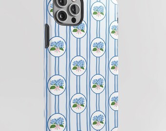 Blue Hydrangea Phone Case, Preppy Floral Cameo Stripe Pattern, Grandmillennial Coastal Gift