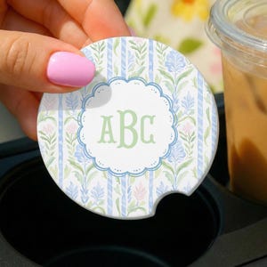 Grandmillennial Monogram Car Coaster | Personalized Ceramic Coaster | Custom Initials | Preppy Car Decor
