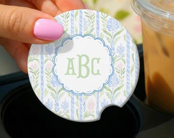 Dessous de verre monogrammé Grandmillennial pour voiture | Dessous de verre en céramique personnalisé | Initiales personnalisées | Décoration de voiture preppy