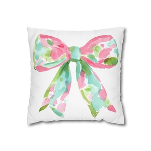 Preppy Christmas Bow Pillow Cover Pink  Green Watercolor Holiday Throw Pillow Chic Decorative Pillowcase with Bow Lilly Pulitzer Inspired