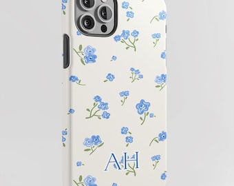 Personalized Blue Floral Phone Case, Tiny Rose Pattern on Cream, Custom Initials Monogram, Preppy Grandmillennial Gift