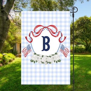 Patriotic Monogram Garden Flag, 4th of July Flag with Initial, Americana Hydrangea Flag, Personalized Summer Yard Decor, Red White Blue Flag