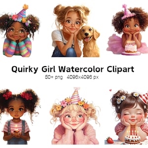 Quirky Girl Watercolor Clipart, Whimsical Birthday Cartoon Girl, Birthday Cake Party Cartoon Quirky Girls Digital & Print Designs