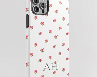 Personalized Rose Phone Case, Minimal Watercolor Pink Floral Pattern, Custom Initials Monogram, Preppy Girly Gift