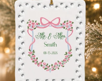 Personalized Floral Crest Christmas Ornament, Custom Family Name Ceramic Ornament, Grandmillennial Holiday Keepsake, Wedding Gift
