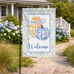 Blue Pumpkin Garden Flag, Chinoiserie Fall Welcome Flag, Blue & White Pumpkin Porch Decor, Grandmillennial Autumn Garden Flag