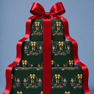 Luxe notenkraker inpakpapier gepersonaliseerd monogram kerstcadeaupapier zwart goud vakantiepapier elegante kerst geïnspireerd door Ralph Lauren