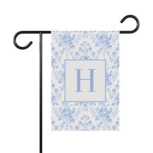 Blue Toile Floral Garden Flag Personalized Monogram Yard Décor with Vintage Elegance