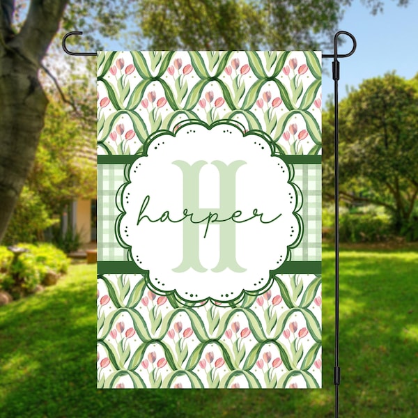 Personalized Garden Flag Tulip Monogram Preppy Coquette Last Name Sign Yard Art Grand Millennial Custom Decor Porch Flag Patio