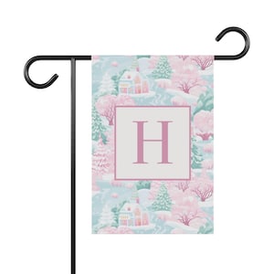 Preppy Christmas Garden Flag  Personalized Pink Holiday Yard Décor with Winter Cottage Scene