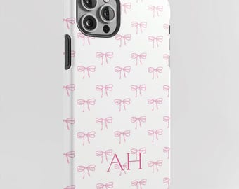 Personalized Pink Bow Phone Case, Coquette Ribbon Pattern, Custom Initials Monogram iPhone & Samsung Galaxy Case, Preppy Girly Gift