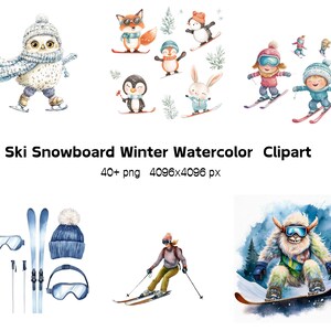 Ski & Snowboard Winter Aquarell Clipart, verschneite Winter Abenteuer Scrapbooking Sublimation Handwerk Clip Art, Digital Vintage