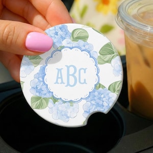 Blue Hydrangea Monogram Car Coaster | Personalized Ceramic Coaster | Custom Initials