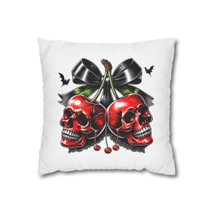 Spooky Cherry Skull Pillow Cover Gothic Red Skull & Black Bow Throw Pillow for Halloween Alternative Home Décor