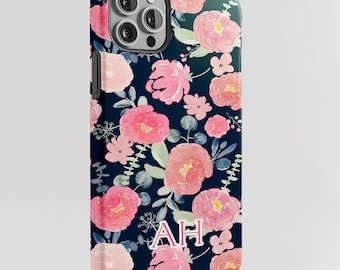 Personalized Navy Floral Phone Case, Preppy Watercolor Floral Phone Case, Custom Initials Monogram, Grandmillennial Gift