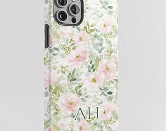 Custodia per telefono personalizzata con motivo floreale ad acquerello, fiori rosa cipria e verde salvia, monogramma con iniziali personalizzate