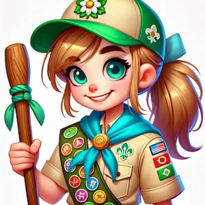 Pacchetto di immagini di graziose ragazze scout dei cartoni animati, pacchetto di clipart di artigianato digitale, set di clipart di acquerelli digitali per album, download immediato