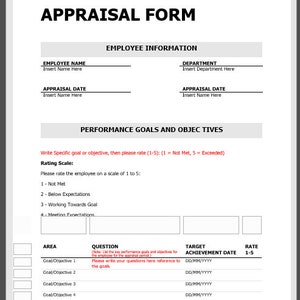 May include: A 360-degree appraisal form with sections for employee information, performance goals and objectives, and a rating scale. The form includes areas for goal/objective, question, target achievement date, and rate.