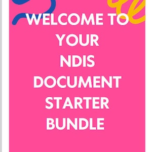 Può includere: Uno sfondo rosa con linee ondulate blu e gialle. Il testo "WELCOME TO YOUR NDIS DOCUMENT STARTER BUNDLE" è in bianco.
