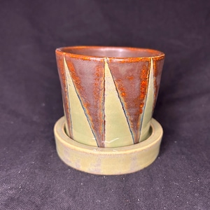 Rust and Sage Geometric Ceramic Planter - Handmade Pot with Drainage and Saucer - Earthy Modern