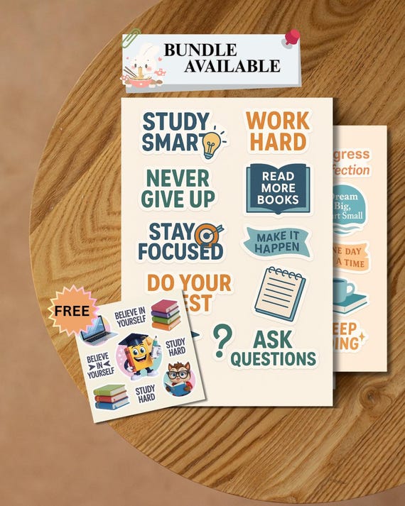 Motivational Student Stickers – 1024x1536 Printable + Free Kawaii Bonus Sheet