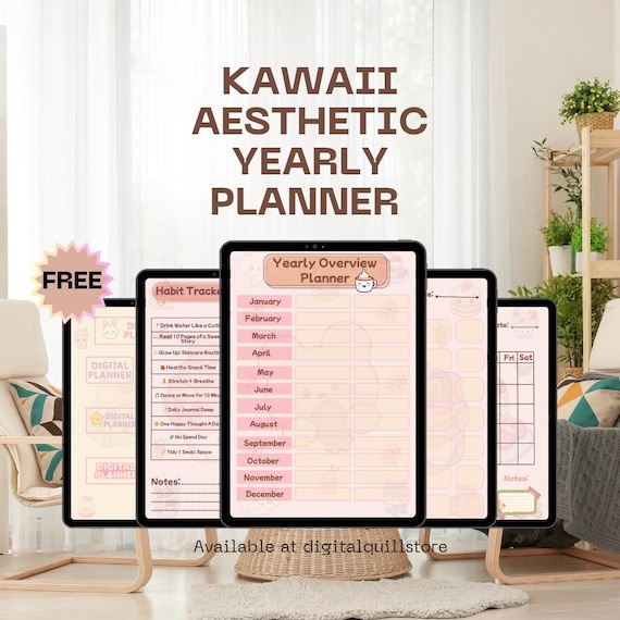 Kawaii Yearly Planner | Editable Digital Overview for iPad | Hyperlinked GoodNotes