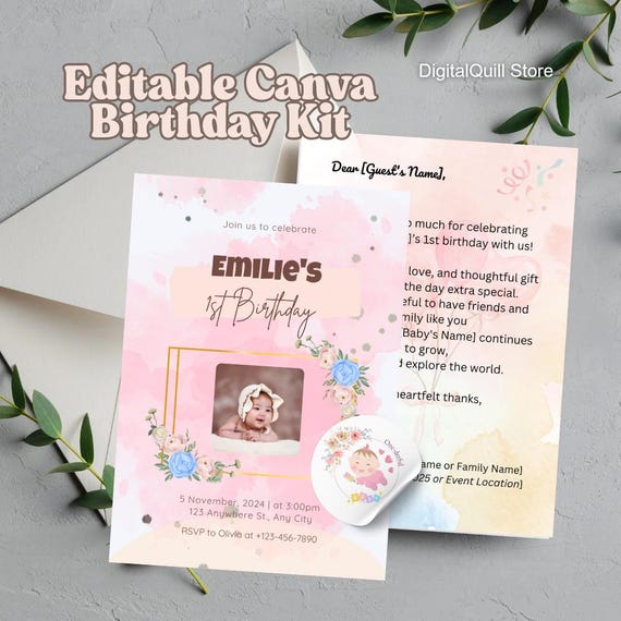 Sweet Girl Birthday Bundle – Editable Canva PDF + Stickers