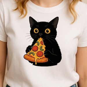 黒猫ピザTシャツ、おもしろかわいい猫のグラフィックTシャツ、かわいいグルメシャツ、チーズピザ愛好家へのギフト、大胆な目の猫デザイン