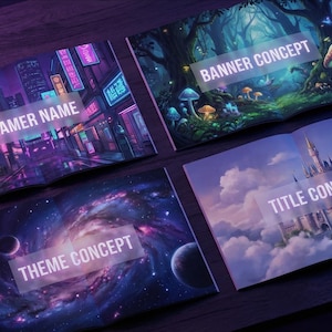 May include: Four open books displaying digital art concepts. Themes include a futuristic city with "STREAMER NAME", a forest with "BANNER CONCEPT", a galaxy with "THEME CONCEPT", and a castle with "TITLE CONCEPT".