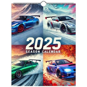 May include: A 2025 Season Calendar featuring four different cars in various seasons. The cars are a blue, a silver, a green, and a blue car. The calendar has the text "2025 Season Calendar" printed on it.