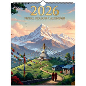 Puede incluir: Calendario de Temporadas de Nepal 2026. Ilustración vibrante que representa un paisaje montañoso con una estupa blanca, banderas de oración y dos figuras con túnicas rojas caminando por un sendero. El calendario presenta una vista panorámica del Himalaya.