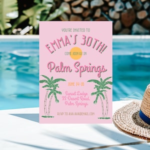 Plantilla de invitación de cumpleaños de Palm Springs ¡Editable digitalmente! ¡2 diseños incluidos!