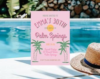 Plantilla de invitación de cumpleaños de Palm Springs ¡Editable digitalmente! ¡2 diseños incluidos!