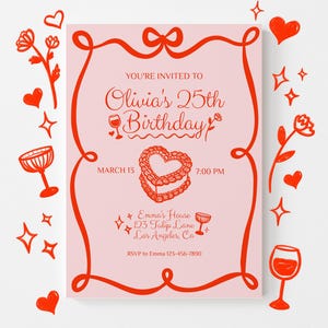 Birthday Invitation Template Hand Drawn Illustration Whimsical Editable Bow