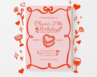 Plantilla de invitación de cumpleaños con ilustración dibujada a mano y lazo editable