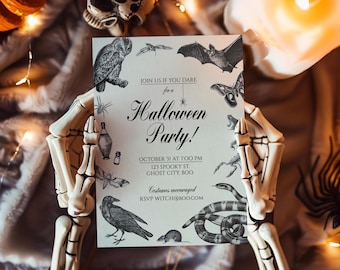Plantilla de invitación para fiesta de Halloween, invitación digital para adultos, estilo vintage elegante