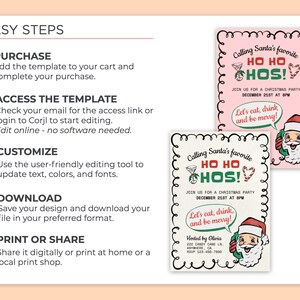 Puede incluir: Dos invitaciones imprimibles para una fiesta de Navidad con un dibujo animado de Pap&aacute; Noel por tel&eacute;fono. Las invitaciones son rosas y blancas con acentos verdes y rojos. El texto en las invitaciones dice "Calling Santa's favorite HO HO HOS!" y "Join us for a Christmas party December 21st at 8PM. Let's eat, drink and be merry!"