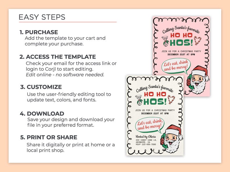 Puede incluir: Dos invitaciones imprimibles para una fiesta de Navidad con un dibujo animado de Pap&aacute; Noel por tel&eacute;fono. Las invitaciones son rosas y blancas con acentos verdes y rojos. El texto en las invitaciones dice "Calling Santa's favorite HO HO HOS!" y "Join us for a Christmas party December 21st at 8PM. Let's eat, drink and be merry!"