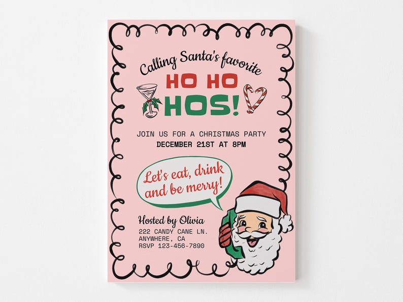 Puede incluir: Invitaci&oacute;n a una fiesta de Navidad rosa con un Pap&aacute; Noel de dibujos animados al tel&eacute;fono. El texto dice "Calling Santa's favorite HO HO HOS! Join us for a Christmas party December 21st at 8pm Let's eat, drink and be merry! Hosted by Olivia 222 Candy Cane Ln. Anywhere, CA RSVP 123-456-7890"