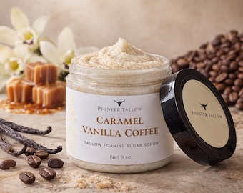 Exfoliante corporal espumoso de azúcar con vainilla, caramelo y café / Exfoliante corporal espumoso de sebo / Exfoliante natural / Exfoliante batido hidratante / Iluminador para piel seca