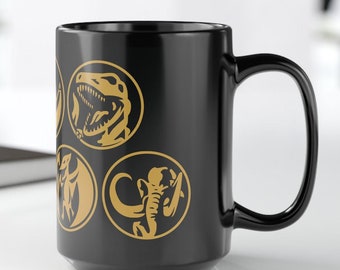 MMPR Dino Coin Mug, Black Ceramic Coffee Cup (15oz)
