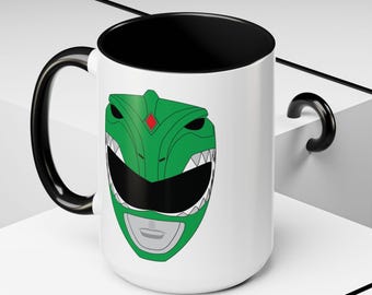 Green Ranger Helmet Mug (15oz), Glossy Dino Coin Coffee Cup